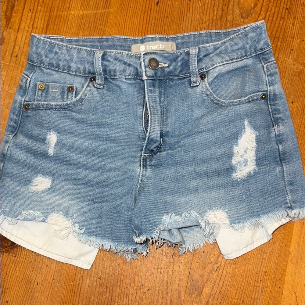 Girls Tractr Distressed Light Blue Jean Shorts